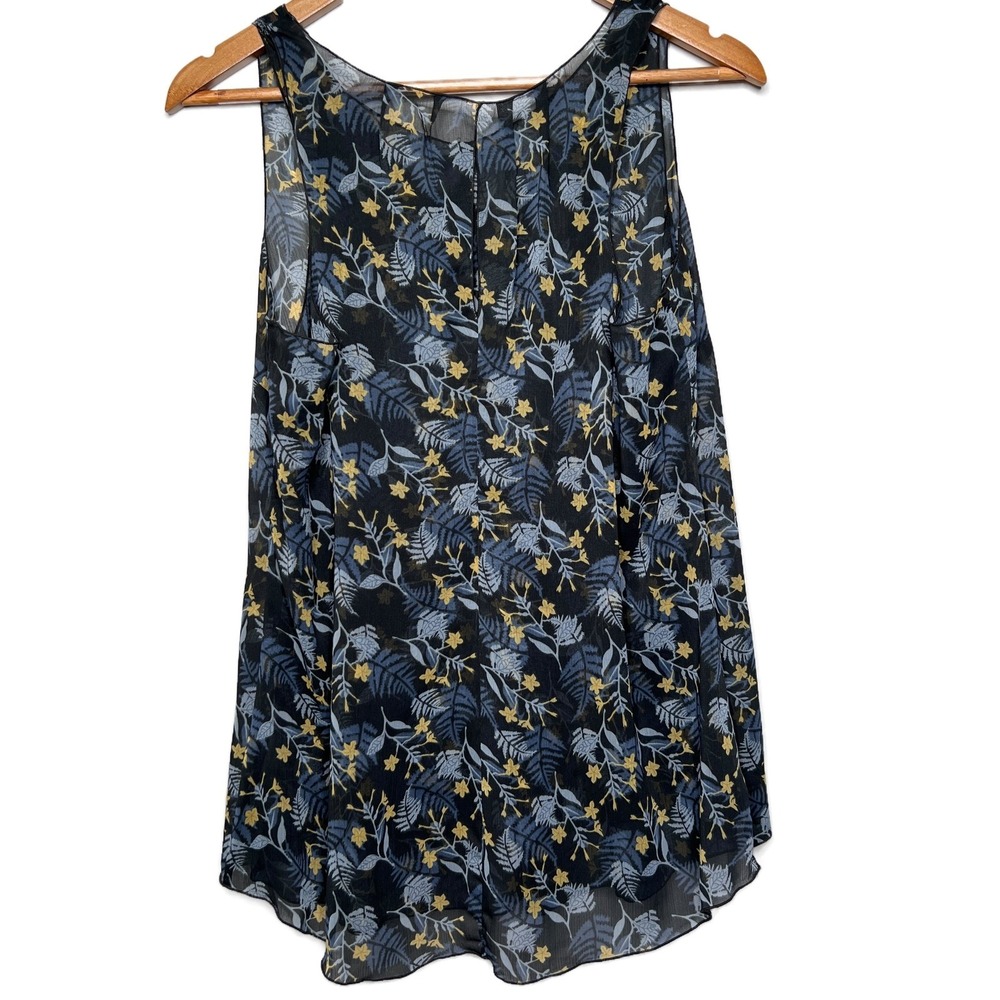 Cabi Navy Floral Leaf Print V Neck Sleeveless Sheer Tunic Tank Top Womens Size S - Picture 4 of 8